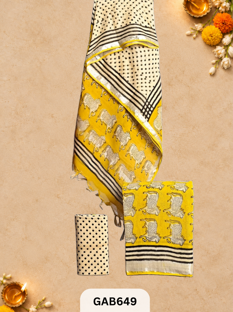 Bagru Hand Block Printed Linen Suits With Zari Border