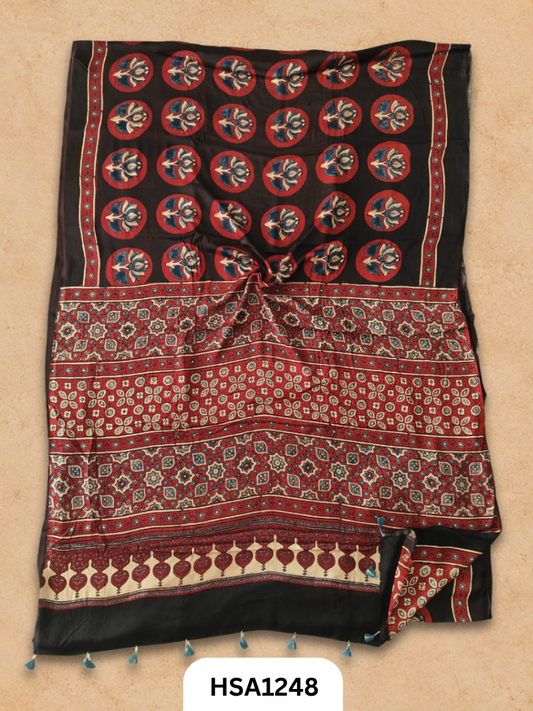 Natural Dye Vegetable Hand Block Print Ajrakh Print Pure Modal Silk Saree
