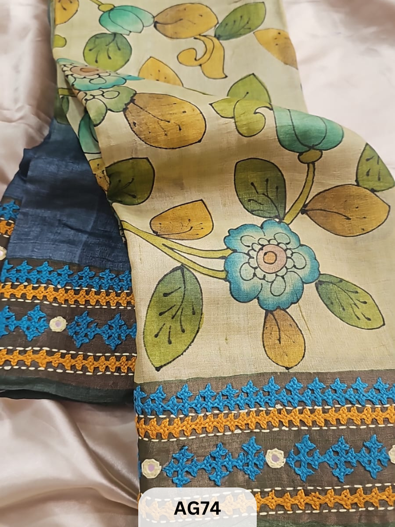 PURE TUSSAR WITH PENKALAMKARI | KUTCHI GUJARATI HAND EMBROIDERY