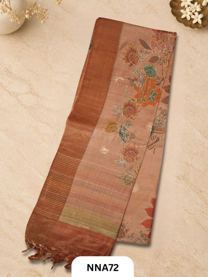 Handloom Pure Tussar Silk - Bullion With Kantha Stitch Saree