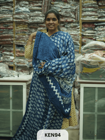 MODAL INDIGO DABU HANDBLOCK PRINT SAREE - NATURAL PROCESS