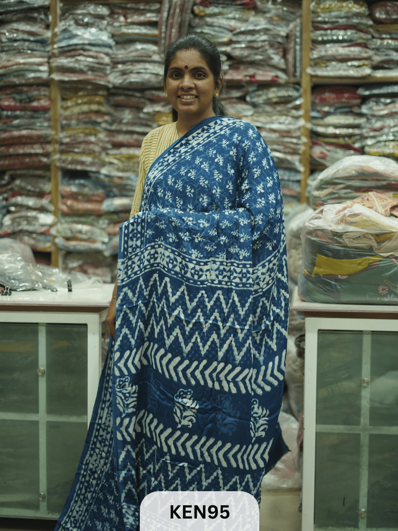 MODAL INDIGO DABU HANDBLOCK PRINT SAREE - NATURAL PROCESS