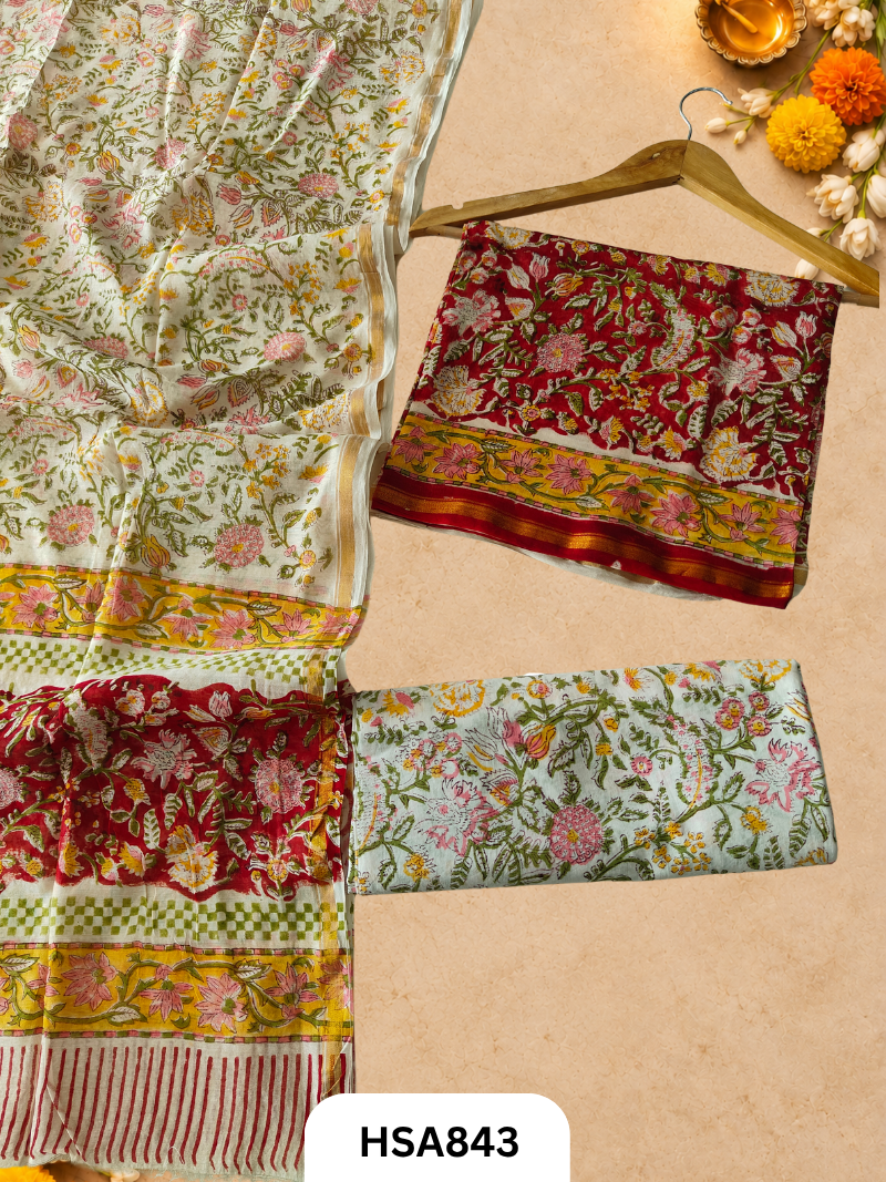 HandBlock Printed Chanderi Silk Cotton Suits -Top 2.5M Duptta 2.5M