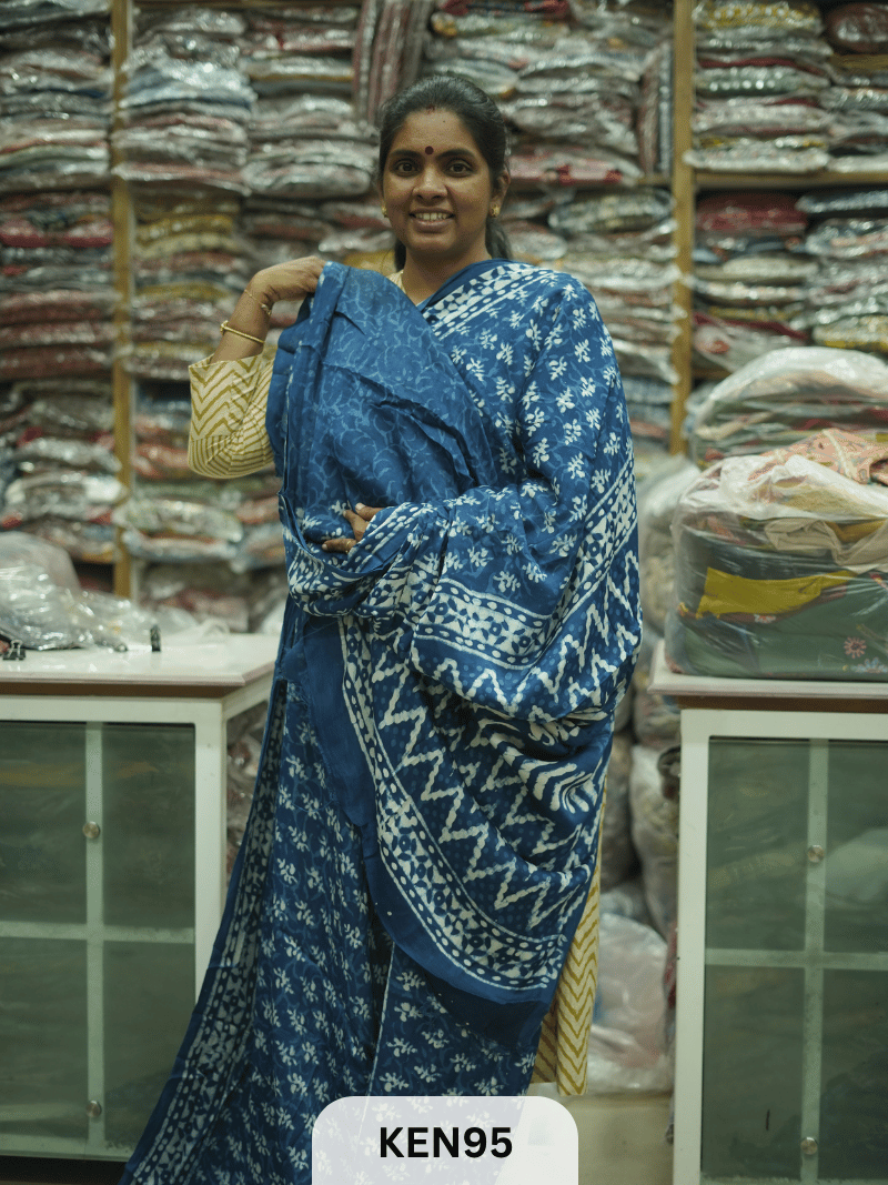MODAL INDIGO DABU HANDBLOCK PRINT SAREE - NATURAL PROCESS