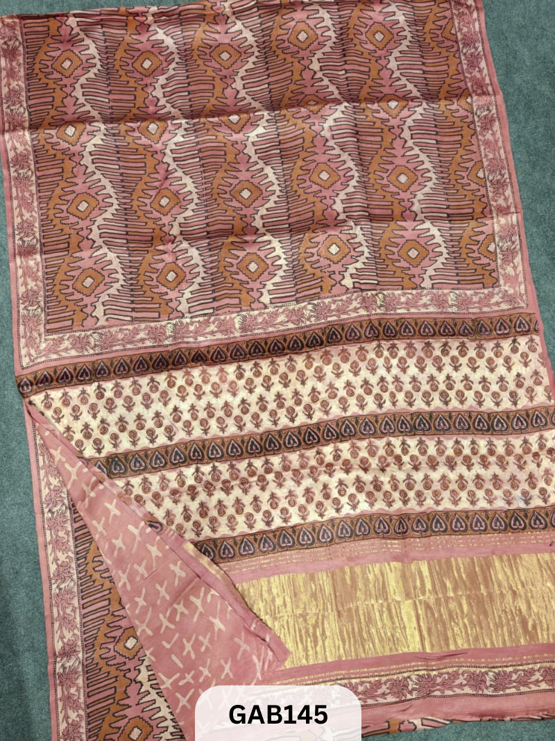 NATURAL DYE PURE HAND BLOCK PRINT LAGDI PATTA MODAL SILK SAREE