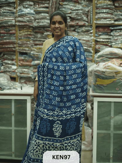 MODAL INDIGO DABU HANDBLOCK PRINT SAREE - NATURAL PROCESS