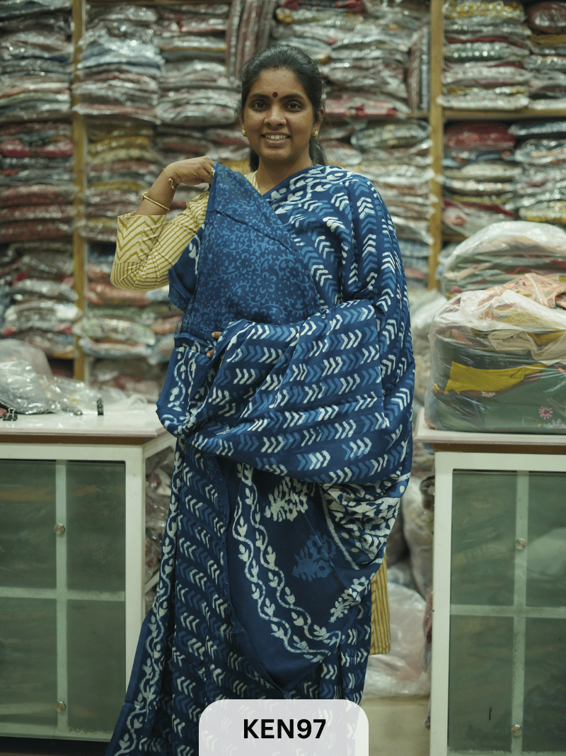 MODAL INDIGO DABU HANDBLOCK PRINT SAREE - NATURAL PROCESS