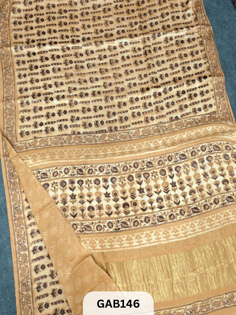 NATURAL DYE PURE HAND BLOCK PRINT LAGDI PATTA MODAL SILK SAREE
