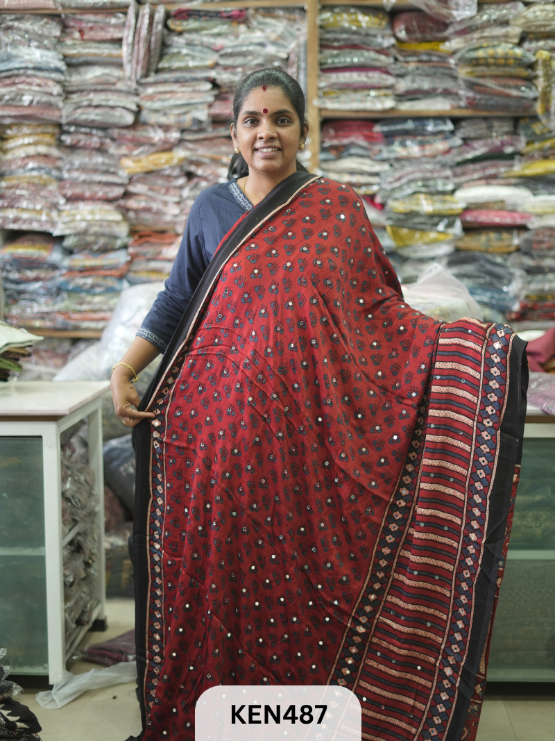 MODAL NATURAL AJRAKH HANDBLOCK SAREE WITH GLUE MIRROR