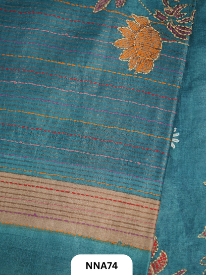 Handloom Pure Tussar Silk - Bullion With Kantha Stitch Saree