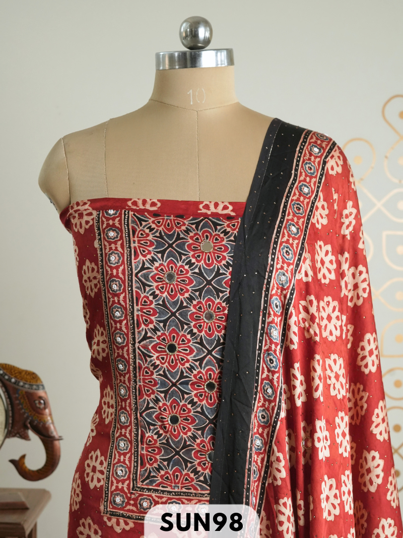 Modal Ajrakh Handblock mirror work 2 Pcs Suits