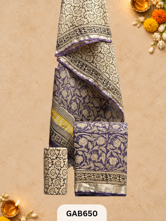 Bagru Hand Block Printed Linen Suits With Zari Border