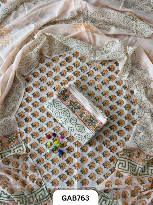 Handblock Cotton Suits With Mulmul Cotton Dupatta | Top 2.5 Mtr Dupatta 2.5 Mtr