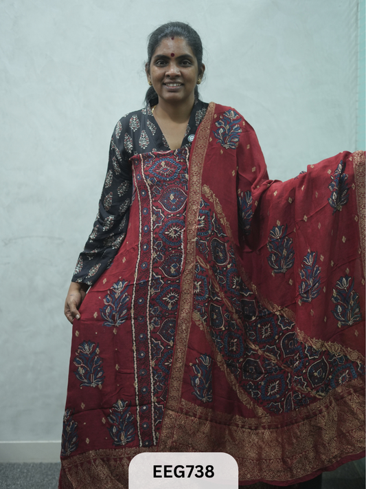 AJRAKH DOLA SILK 2 PCS-UNSTITCHED ( TOP 3.5MTR AND DUPPATA 2.25MTR ) - IMMEDIEATE DISPATCH