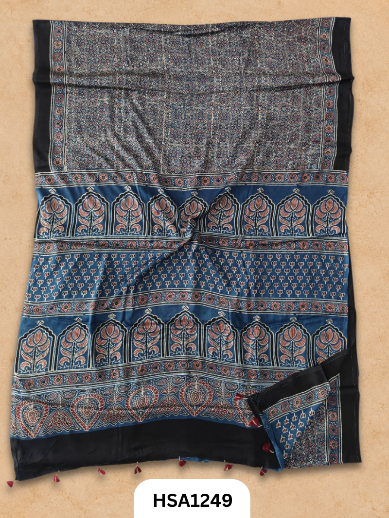 Natural Dye Vegetable Hand Block Print Ajrakh Print Pure Modal Silk Saree