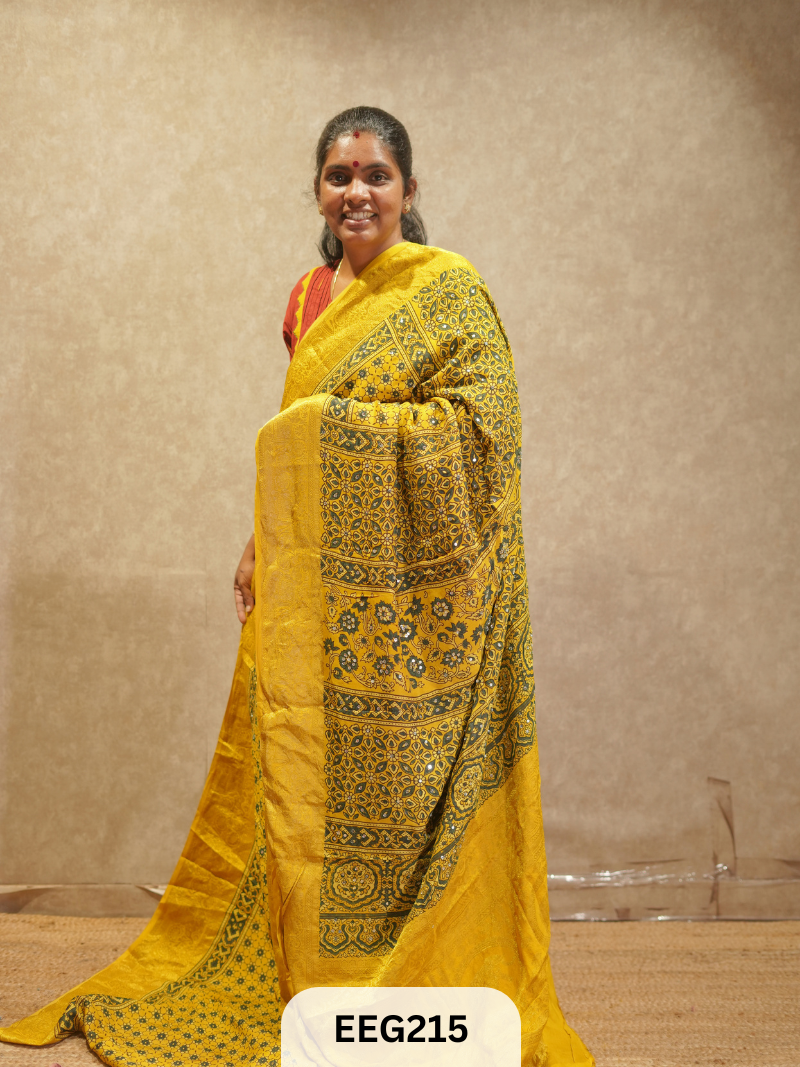AJRAKH DOLA SILK SAREE WITH MIRROR WORK - IMMEDIATE DISPATCH