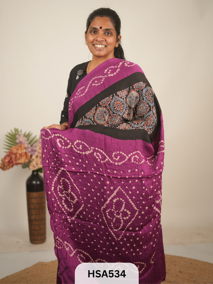 MODAL AJRAKH WITH BANDHINI SAREE