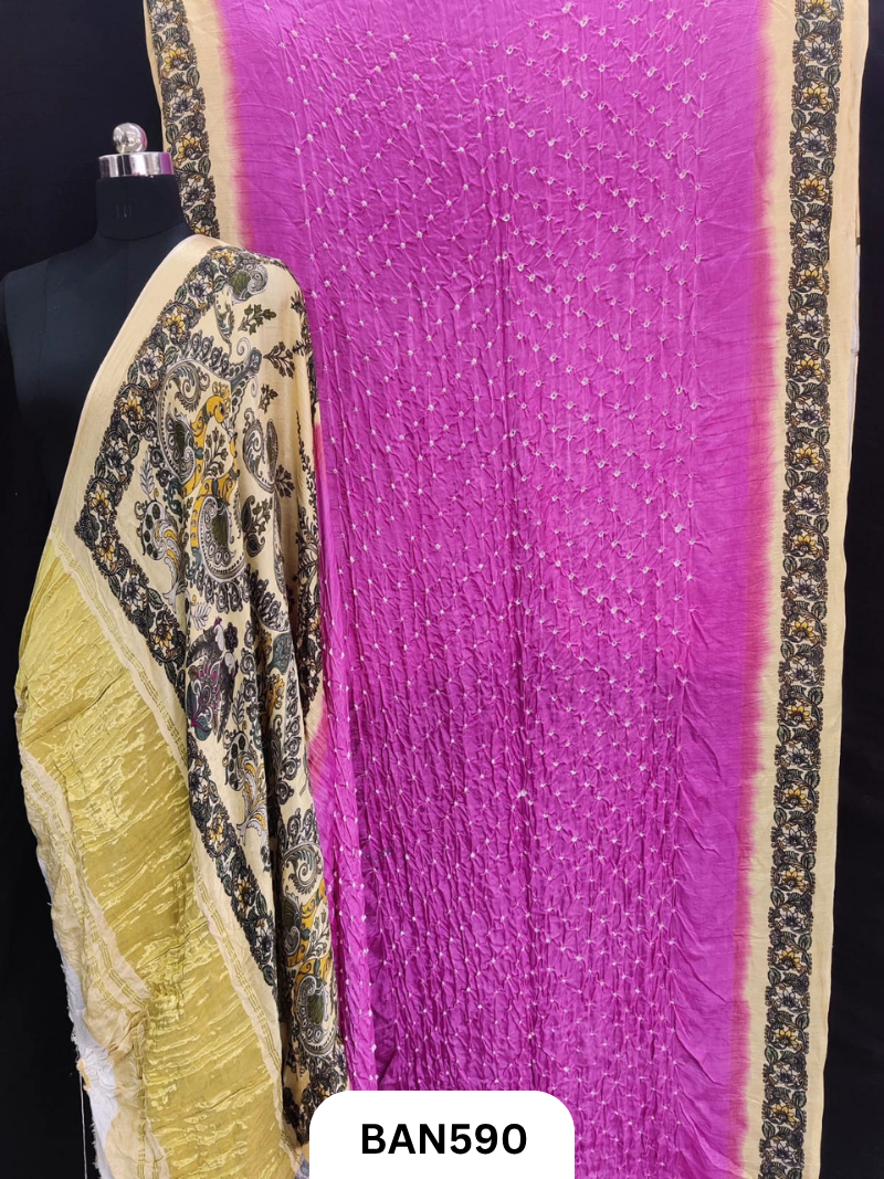Semi Gaji ts kalamkari digital print pallu, blouse and border with bandhej saree