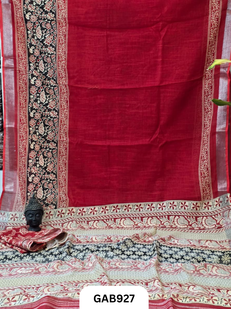 Bagru Handblock Print Linen Saree With Attached Blouse