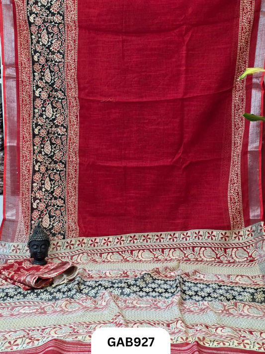 Bagru Handblock Print Linen Saree With Attached Blouse