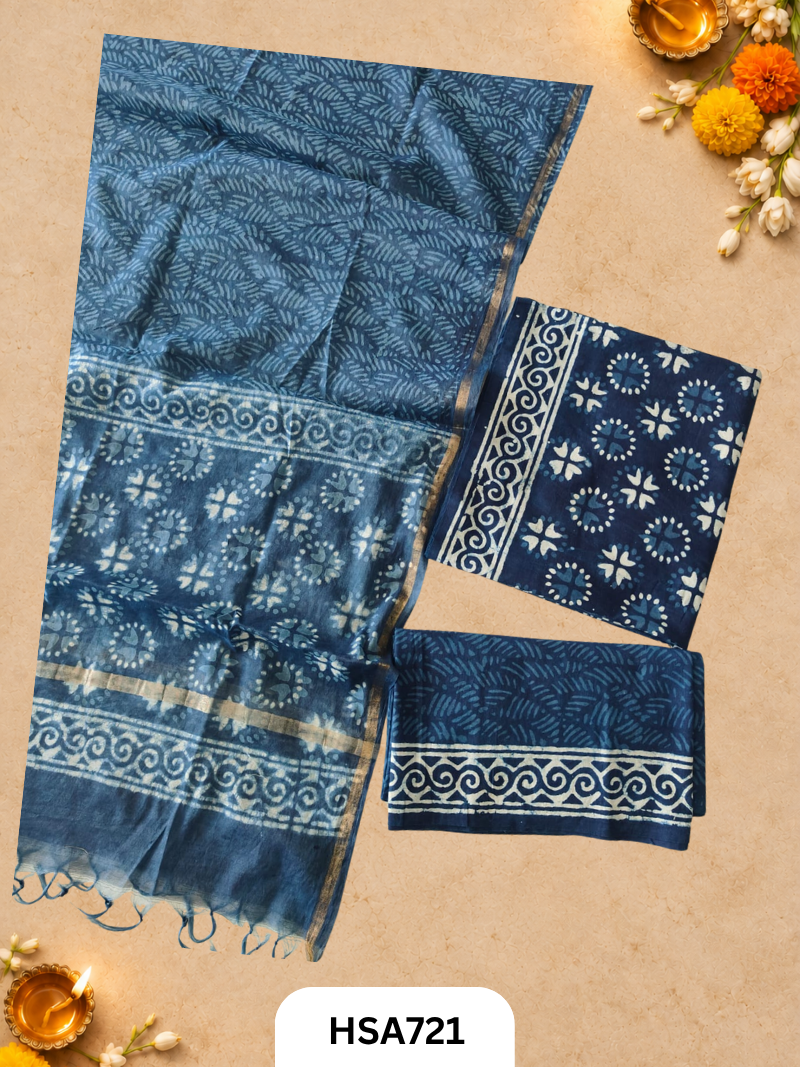 HandBlock Printed Chanderi Silk Dupatta With Cotton Suits -Top 2.5M Duptta 2.5M