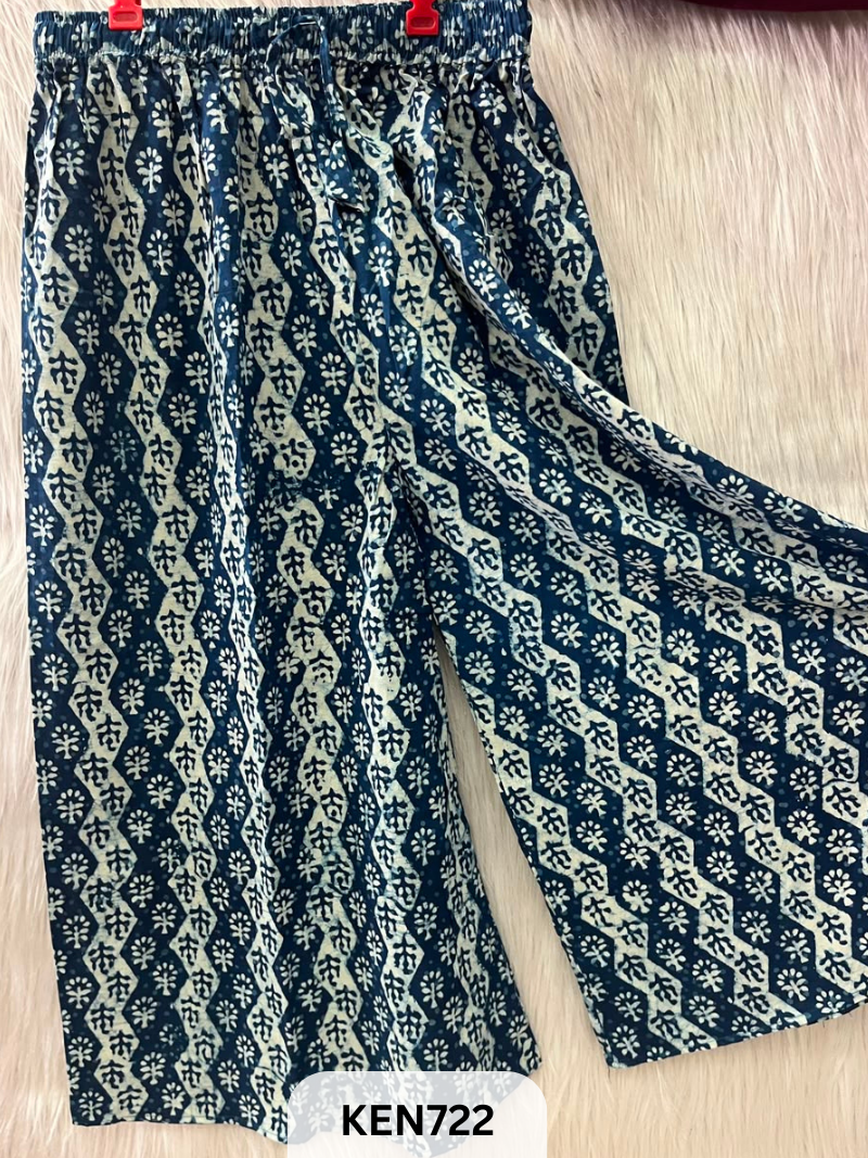 INDIGO COTTON PALAZO PANT FREESIZE-(22TO40INCH)