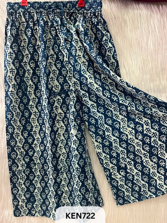 INDIGO COTTON PALAZO PANT FREESIZE-(22TO40INCH)