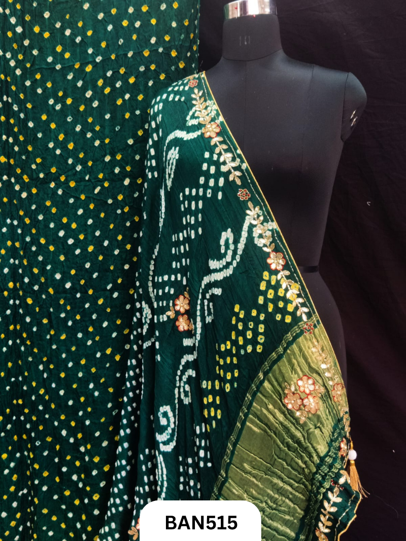 Semi gaji silk tissue pallu dani bandhej saree with khatli handwork