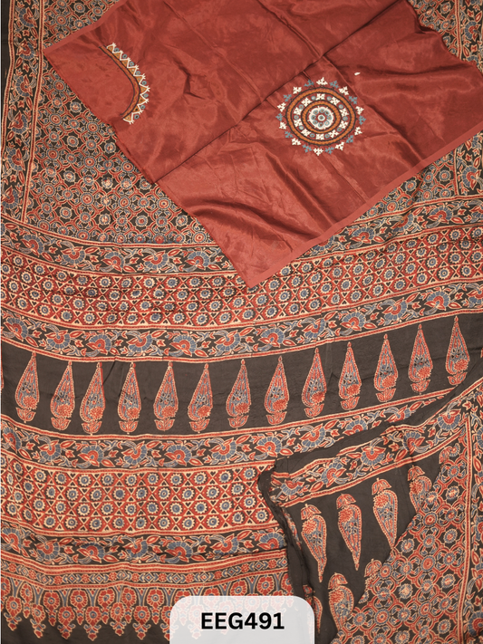 AJRAKH MODAL SAREE WITH KUTCHI HANDWORK BLOUSE PIECE EXTRA