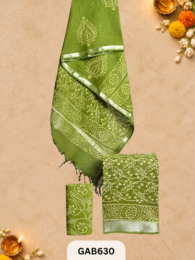 Bagru Hand Block Printed Linen Suits With Zari Border