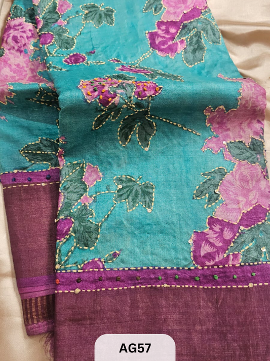 PURE TUSSAR WITH BORDER | SPECIAL HAND PAINT |HAND KANTHA STITCH | SILK MARK