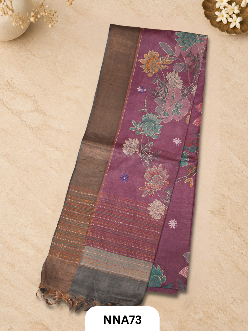 Handloom Pure Tussar Silk - Bullion With Kantha Stitch Saree