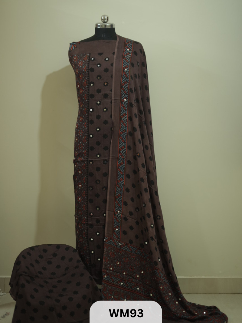 MODAL AJRAKH WITH GLUED MIRROR SALWAR SUIT - 3PCS