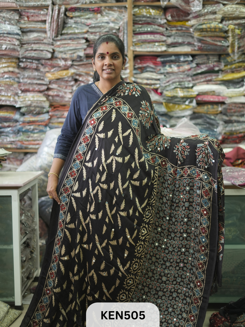MODAL NATURAL AJRAKH HANDBLOCK SAREE WITH GLUE MIRROR