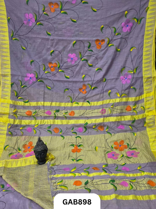 Temple Zari Border Hand Block Printed Katan Cotton Silk Saree With Running Blouse