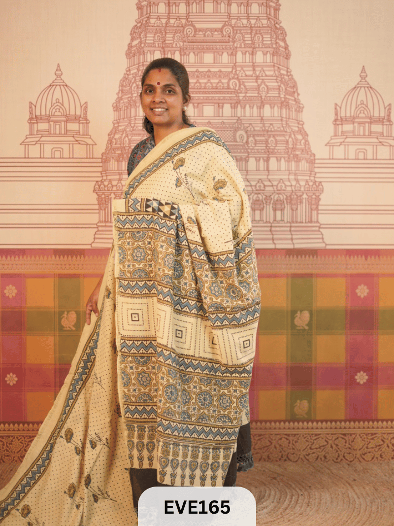 PURE CHANDERI SILK AJRAKH HANDBLOCK SAREE