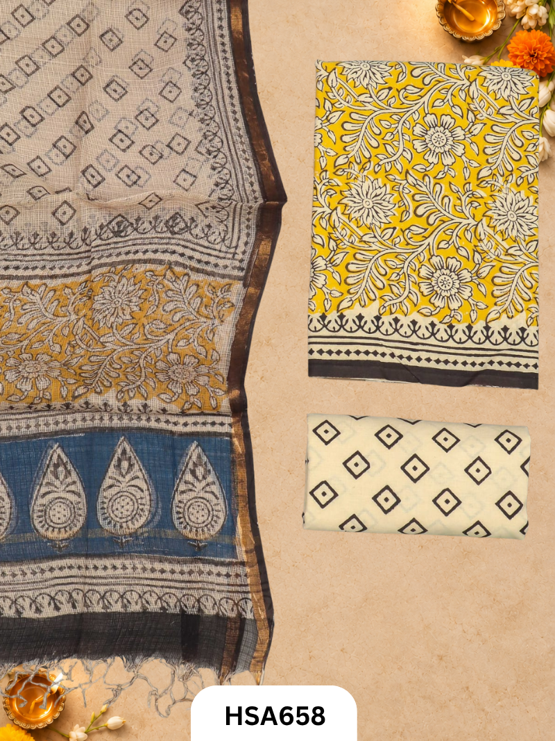 Handblock Printed Kota Doriya Dupatta With Cotton Suits Top 2.5mtr Dupatta 2.5mtr
