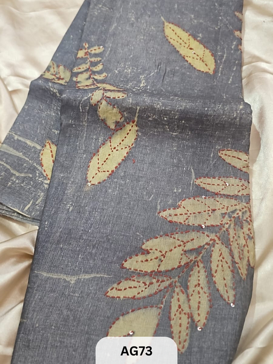 PURE GACHI TUSSAR WITH ECO NATURAL PRINT | HAND KANTHA STITCH | SILK MARK