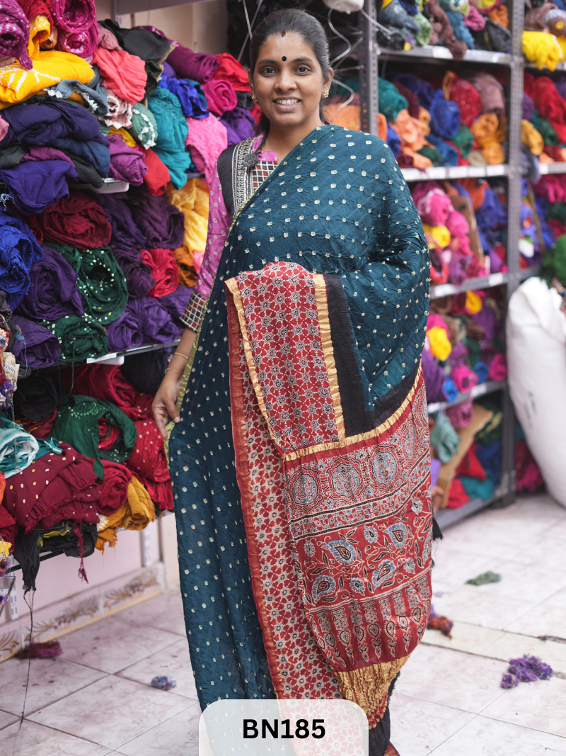 AJRAKH BANDHEJ WITH SKIRT BORDER SAREES | MODAL GAJI FABRIC