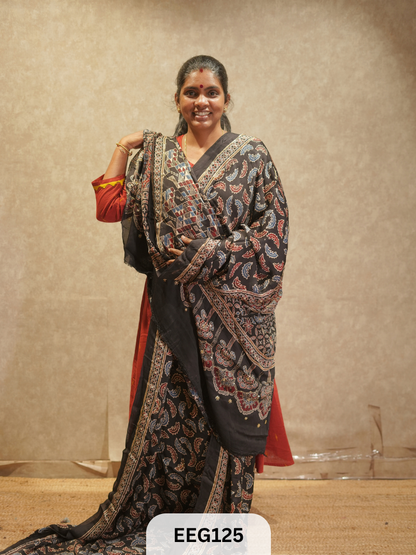 AJRAKH MODAL SAREE WITH KHATLI HANDWORK