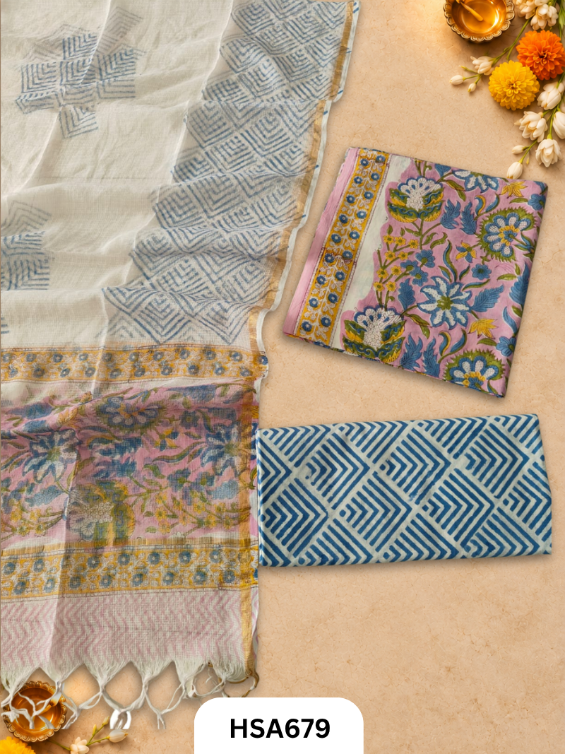 Handblock Printed Kota Doriya Dupatta With Cotton Suits Top 2.5mtr Dupatta 2.5mtr