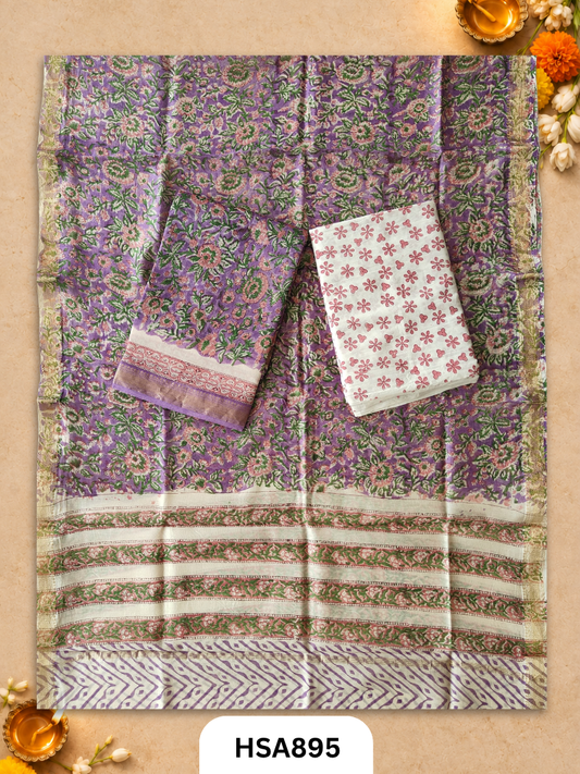 HandBlock Printed Maheshwari Silk Zari Border Top & dupttas 2.5 Mtrs | Bottom cotton 2.50 mtrs