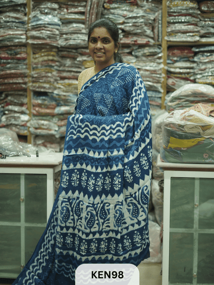 MODAL INDIGO DABU HANDBLOCK PRINT SAREE - NATURAL PROCESS