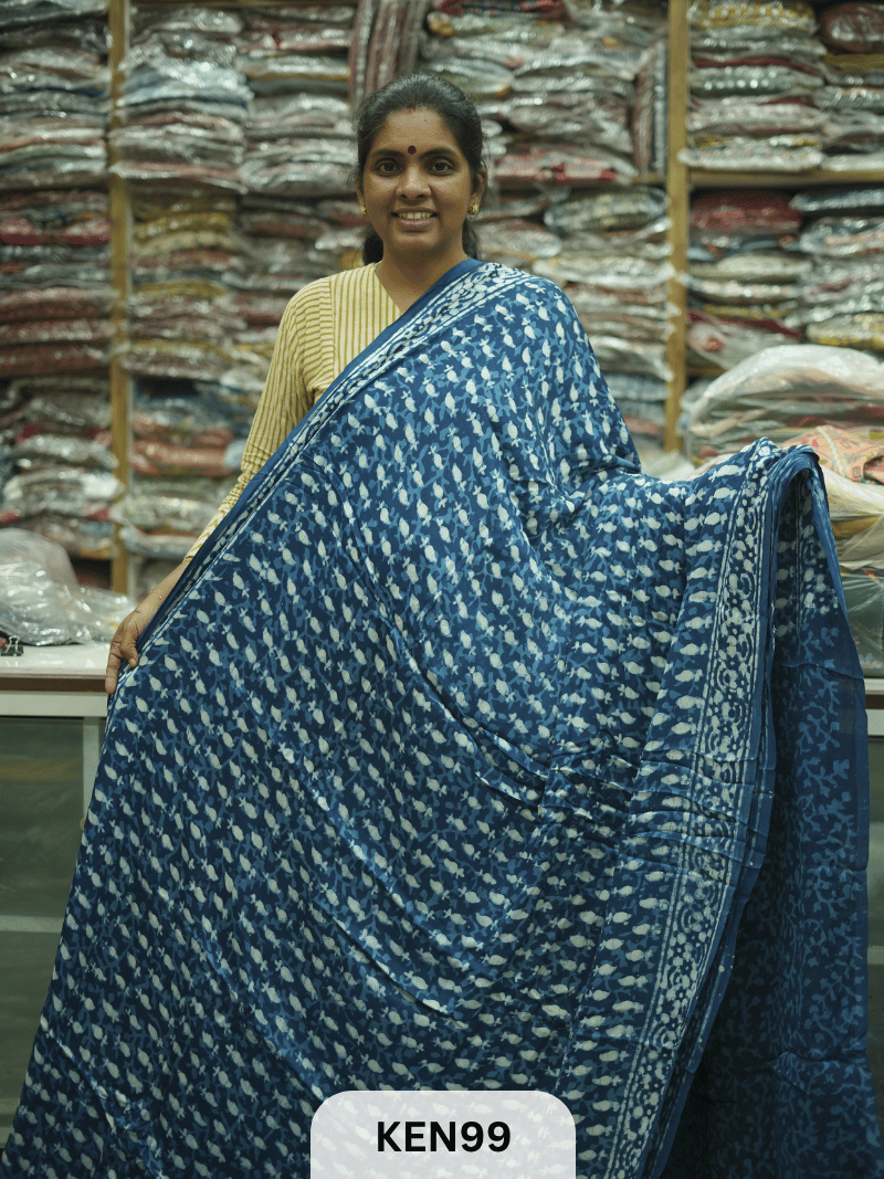 MODAL INDIGO DABU HANDBLOCK PRINT SAREE - NATURAL PROCESS