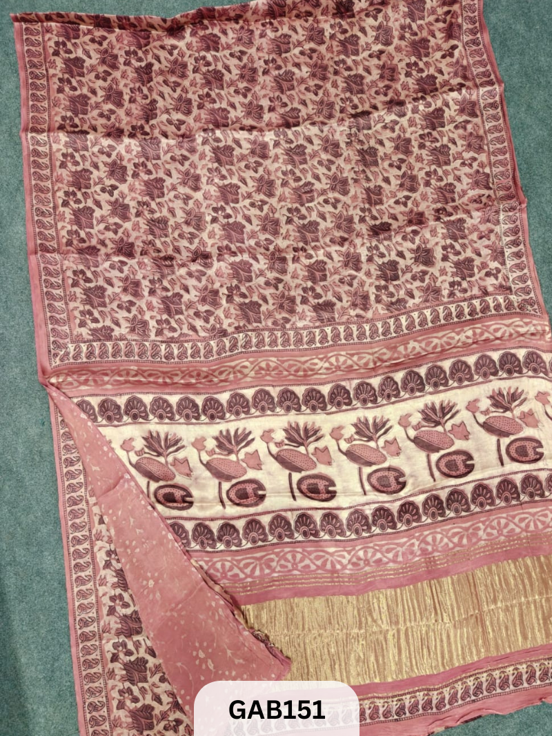 NATURAL DYE PURE HAND BLOCK PRINT LAGDI PATTA MODAL SILK SAREE