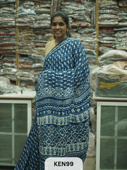 MODAL INDIGO DABU HANDBLOCK PRINT SAREE - NATURAL PROCESS