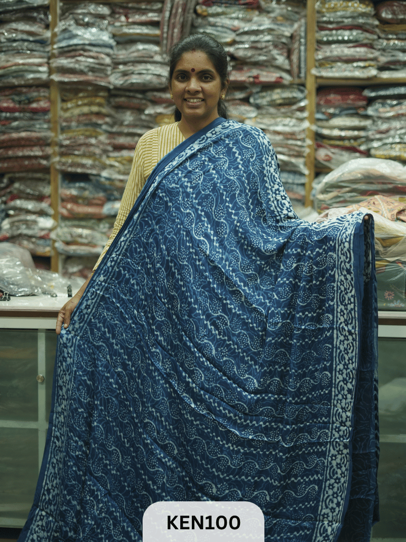 MODAL INDIGO DABU HANDBLOCK PRINT SAREE - NATURAL PROCESS