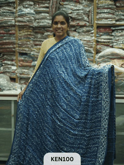 MODAL INDIGO DABU HANDBLOCK PRINT SAREE - NATURAL PROCESS