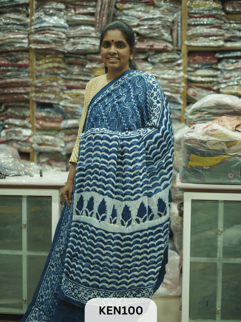 MODAL INDIGO DABU HANDBLOCK PRINT SAREE - NATURAL PROCESS