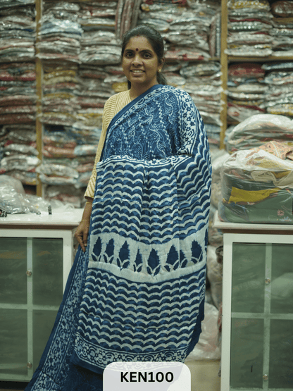 MODAL INDIGO DABU HANDBLOCK PRINT SAREE - NATURAL PROCESS
